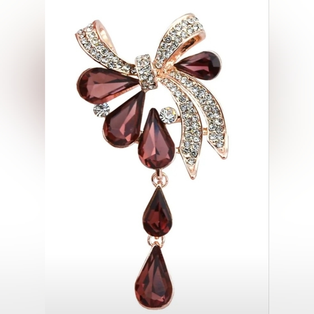 New - Elegant Gold and Burgandy Teardrop Pendant Brooch